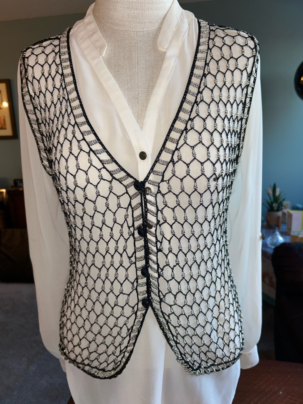 a.n.a White Blouse with Black Silver Beaded Mesh Vest selling together! Both S-L
